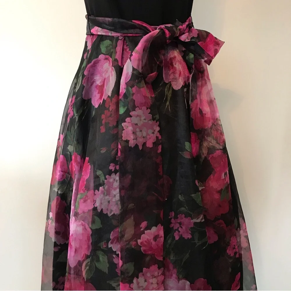 Eliza J Floral Black Pink Sleeveless Square Neck Tulle Maxi Dress 8 - Picture 4 of 16